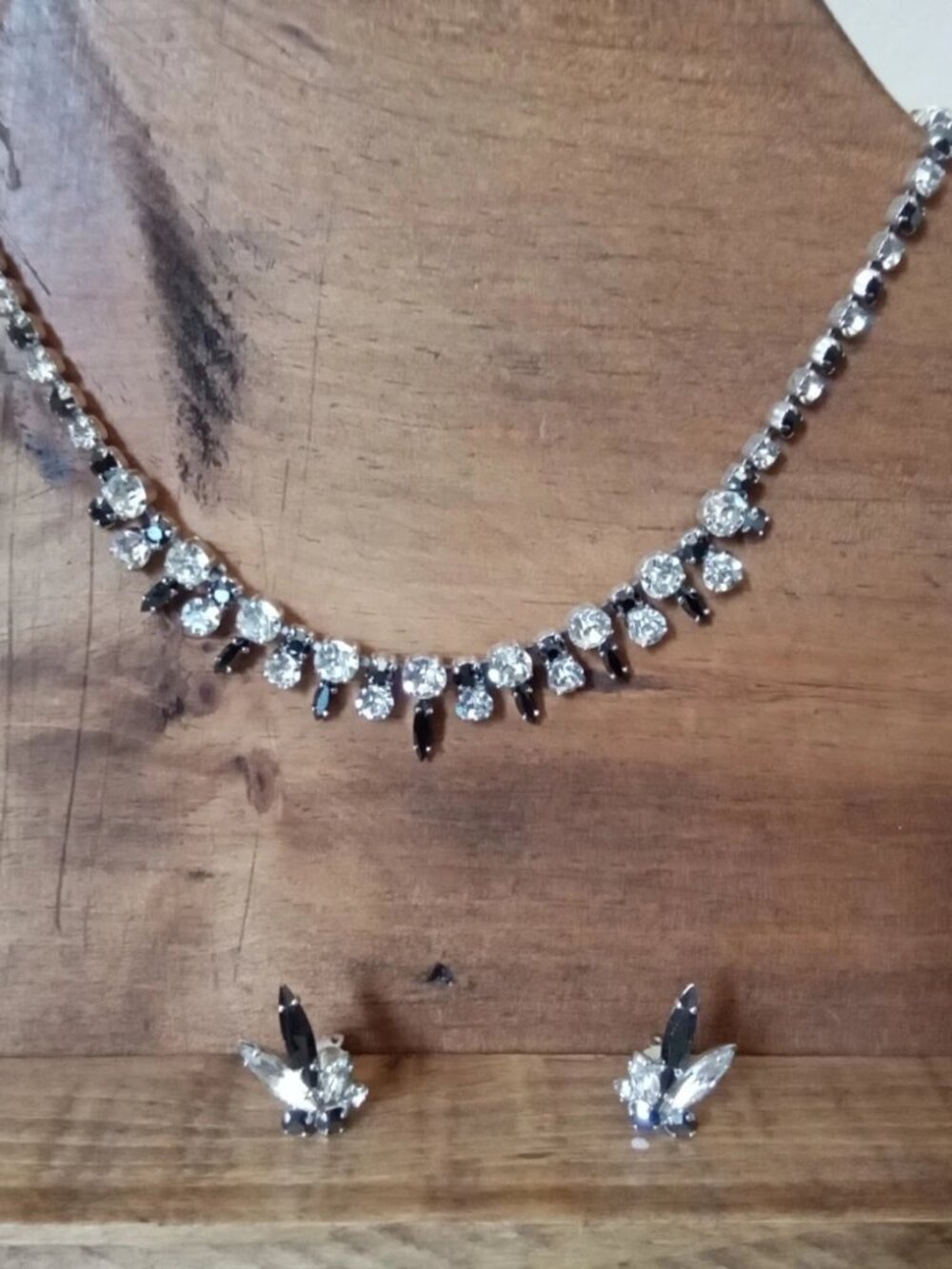 Signed Sherman Necklace And Earring Set Black And Clear Rhinestones Silver Back